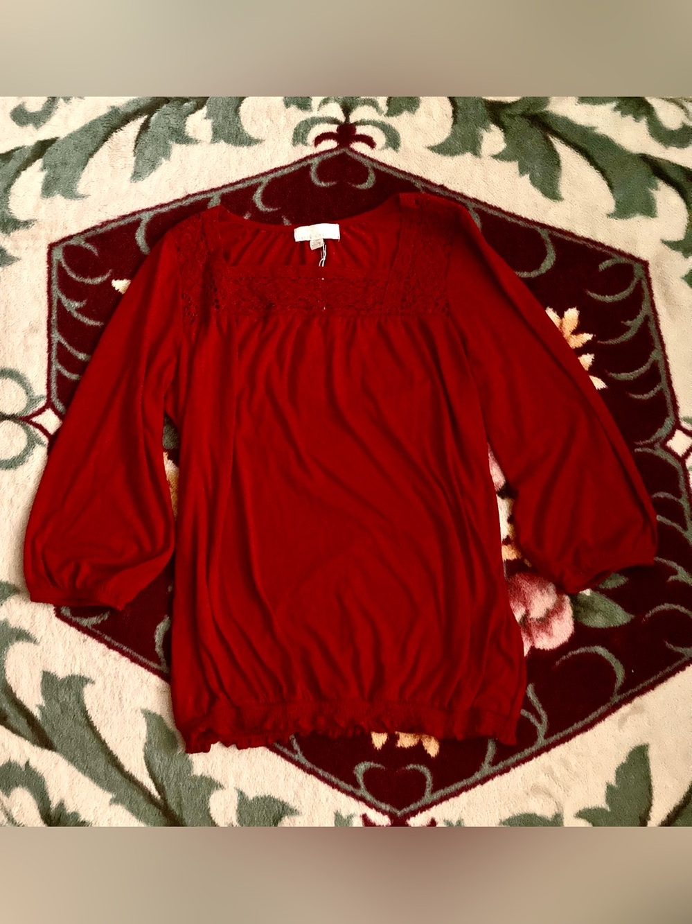 Carolyn Taylor Deep Red Lace-Yoke Long Sleeve top nwt size medium blouse